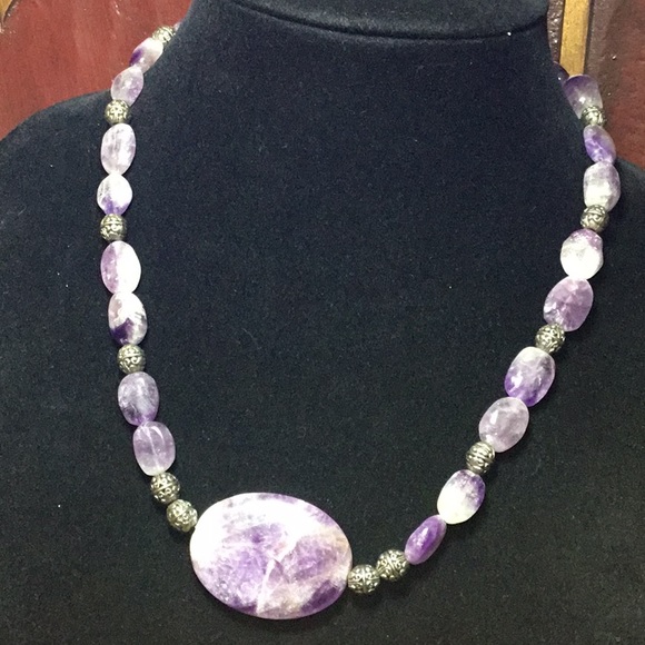 Semiprecious Charoite Stone Amethyst Crystal Necklace 19.5”L EVC 925 Claw Clasp - Picture 2 of 12